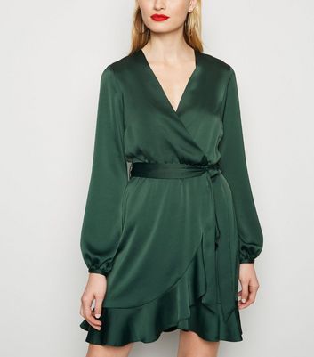 Dark Green Satin Ruffle Wrap Dress New ...